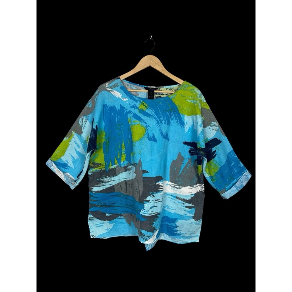 Ali Miles Abstract Brushstroke Print Linen Blend Pullover Tunic Top Womens L